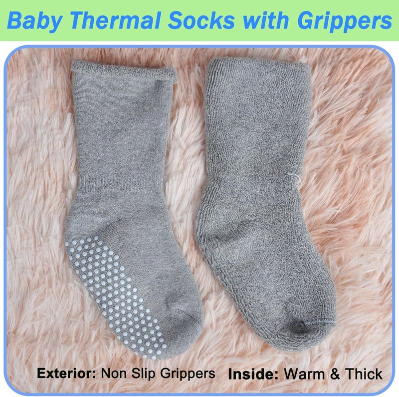 hakugoo 6 Pairs Toddler Non Slip Socks with Grippers Winter Thick Warm Cozy Crew Socks for Baby Kids - Image 5
